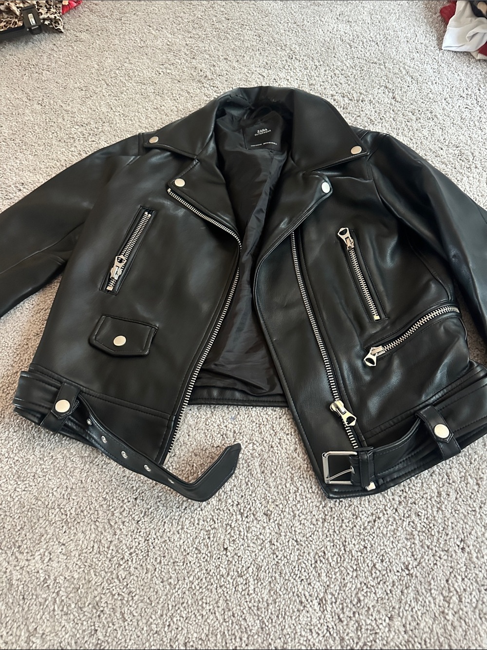 Zara Faux Leather Black Moto Jacket with Silver Hardware